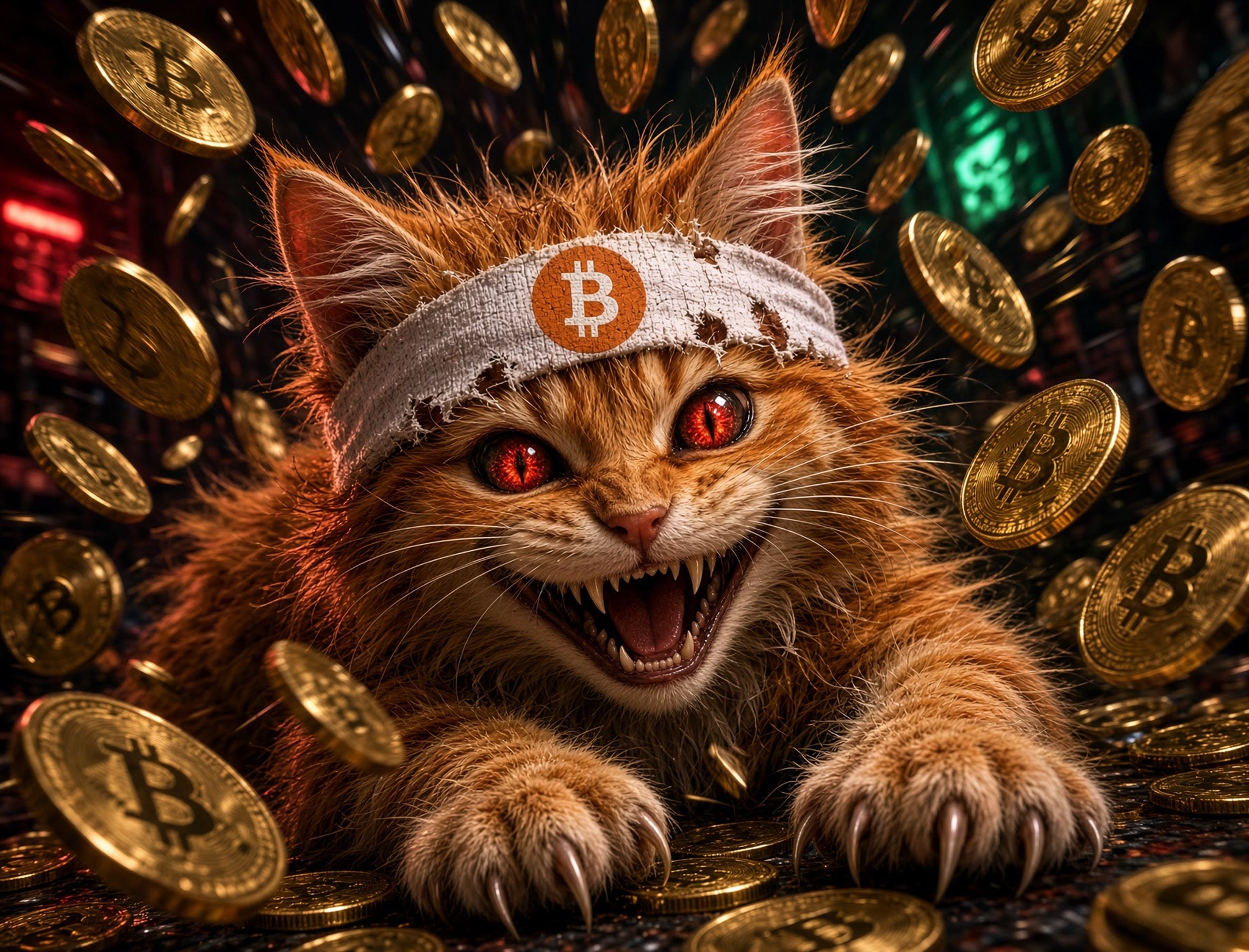 Buy The Cat meme — fierce Bitcoin headband cat amid raining gold coins