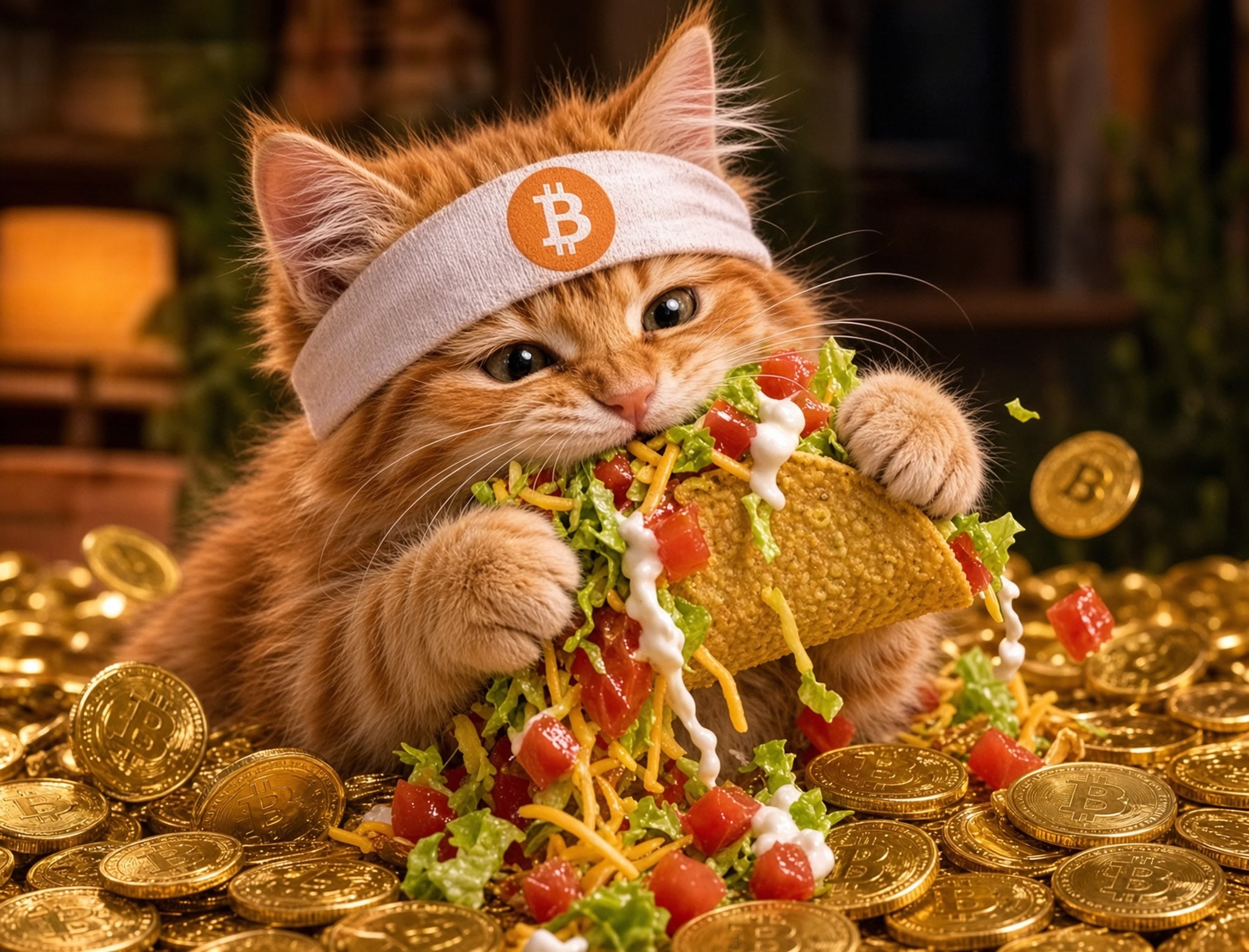 Buy The Cat meme — headband kitten eating a taco over gold coins