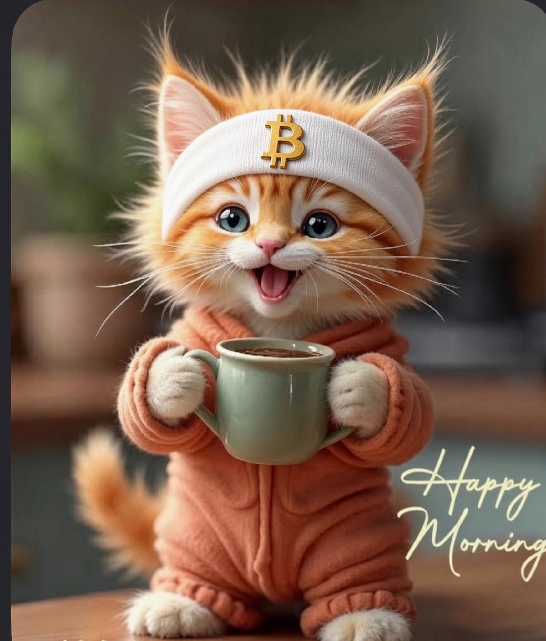 Buy The Cat meme — Happy Morning kitten in pajamas holding a mug