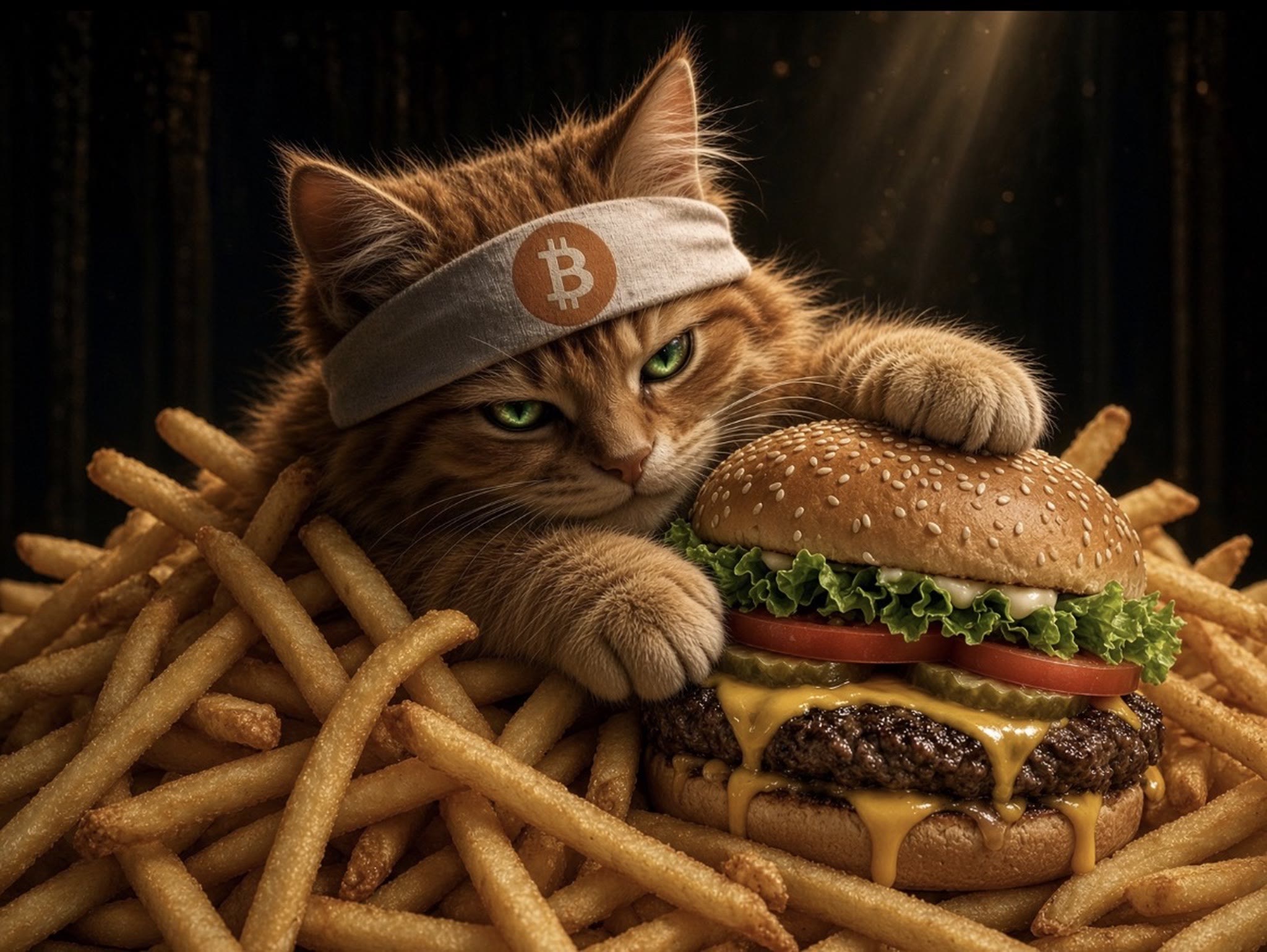 Buy The Cat meme — headband cat with a cheeseburger and fries