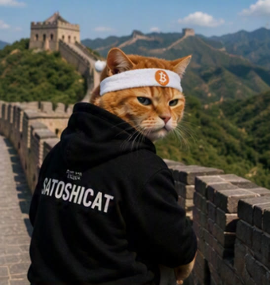 Buy The Cat meme — SATOSHICAT headband cat on the Great Wall of China