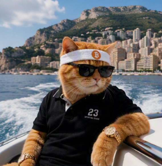 Buy The Cat meme — sunglasses cat with a gold watch on a speedboat off Monaco