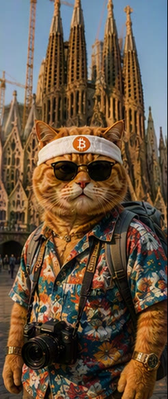 Buy The Cat meme — floral-shirt tourist cat with a camera at the Sagrada Familia in Barcelona
