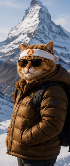 Buy The Cat meme — puffer-jacket headband cat before the snowy Matterhorn