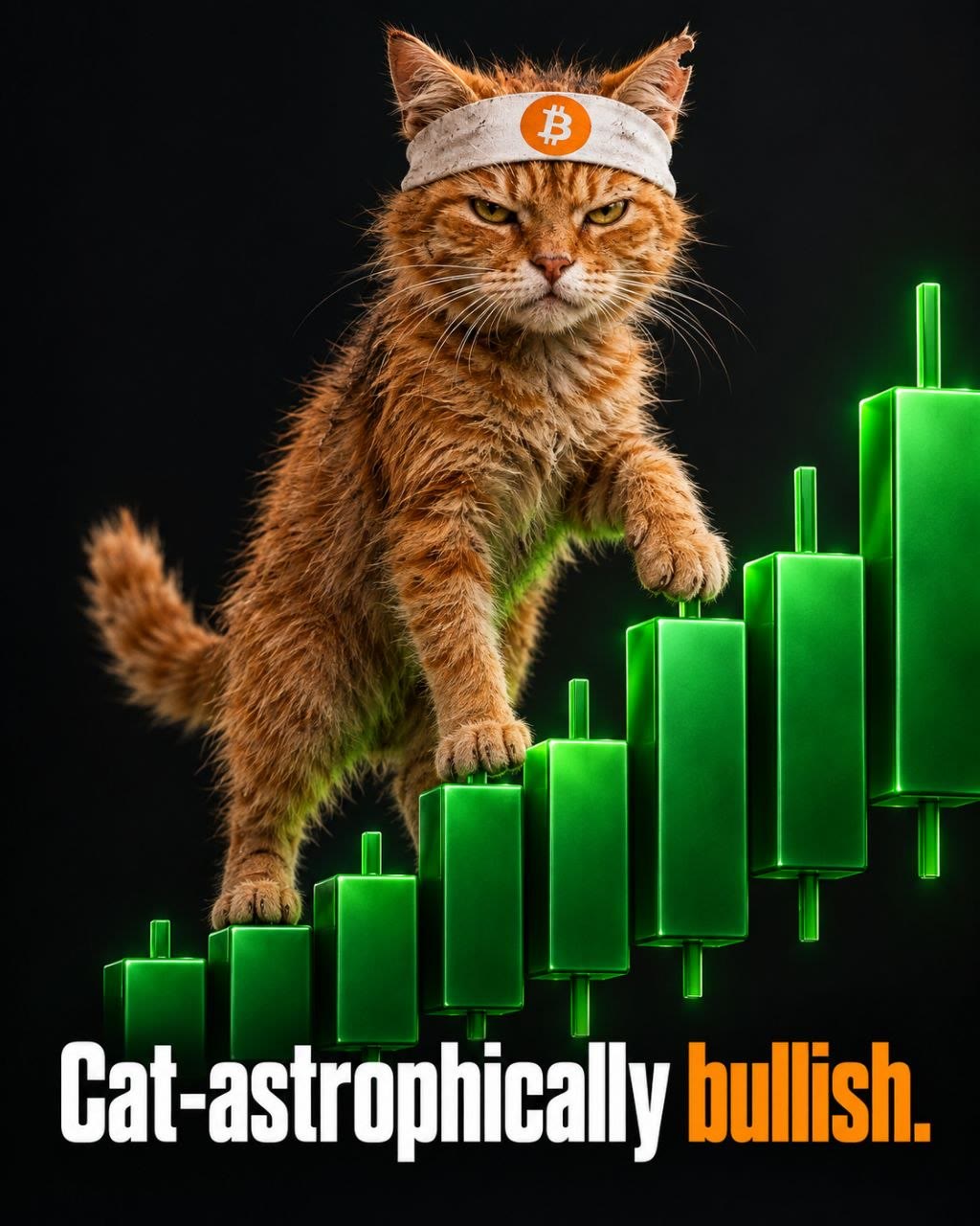 Buy The Cat meme — Cat-astrophically bullish — headband cat climbing green candles