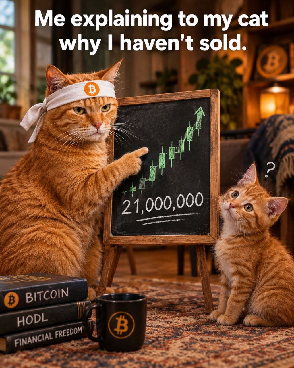 Buy The Cat meme — Me explaining to my cat why I haven't sold — chalkboard 21,000,000