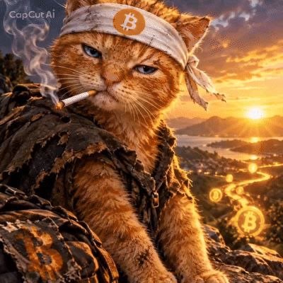 Buy The Cat meme — rugged headband cat smoking at sunset over a Bitcoin valley