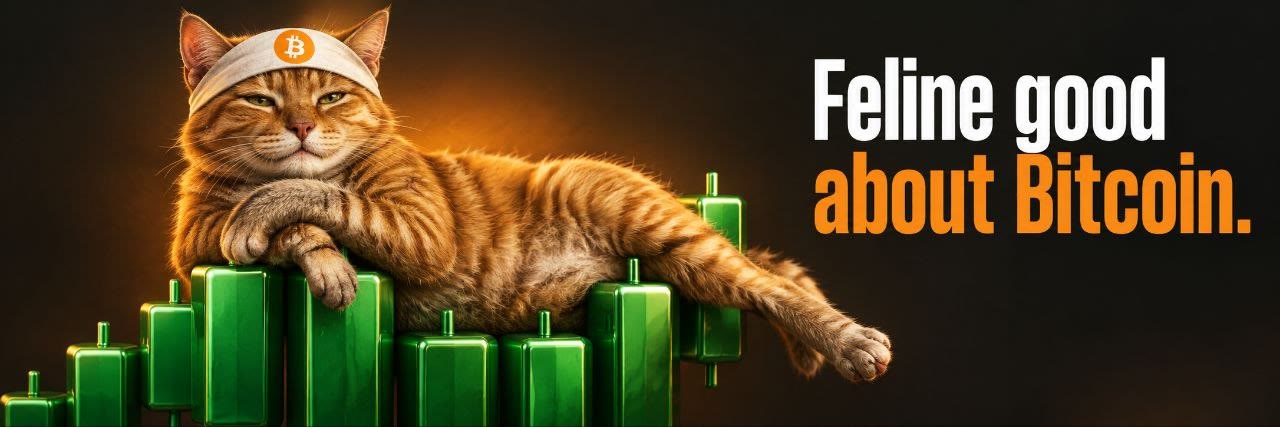 Buy The Cat meme — Feline good about Bitcoin — cat lounging on green candles