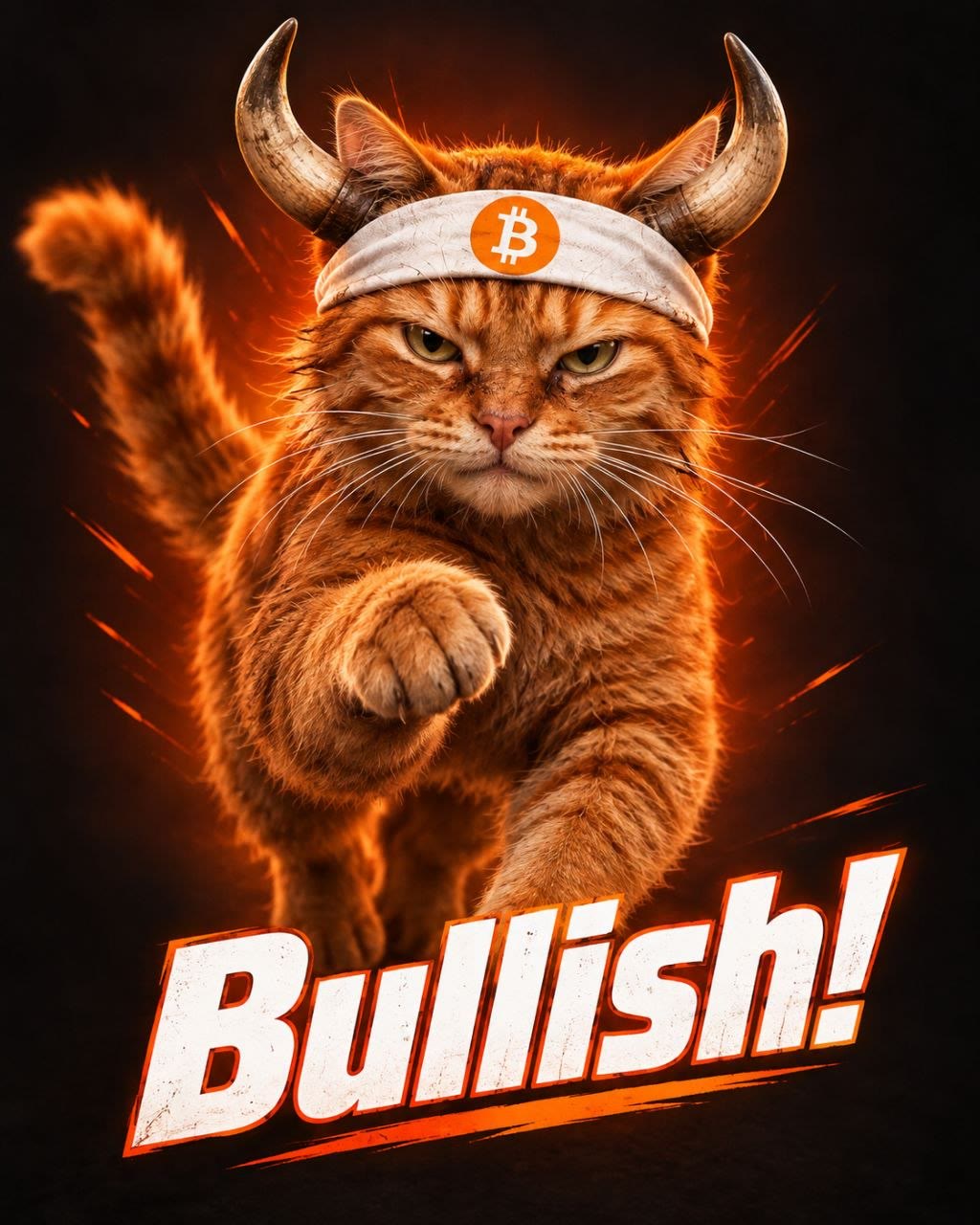 Buy The Cat meme — Bullish! — charging bull-horned headband cat