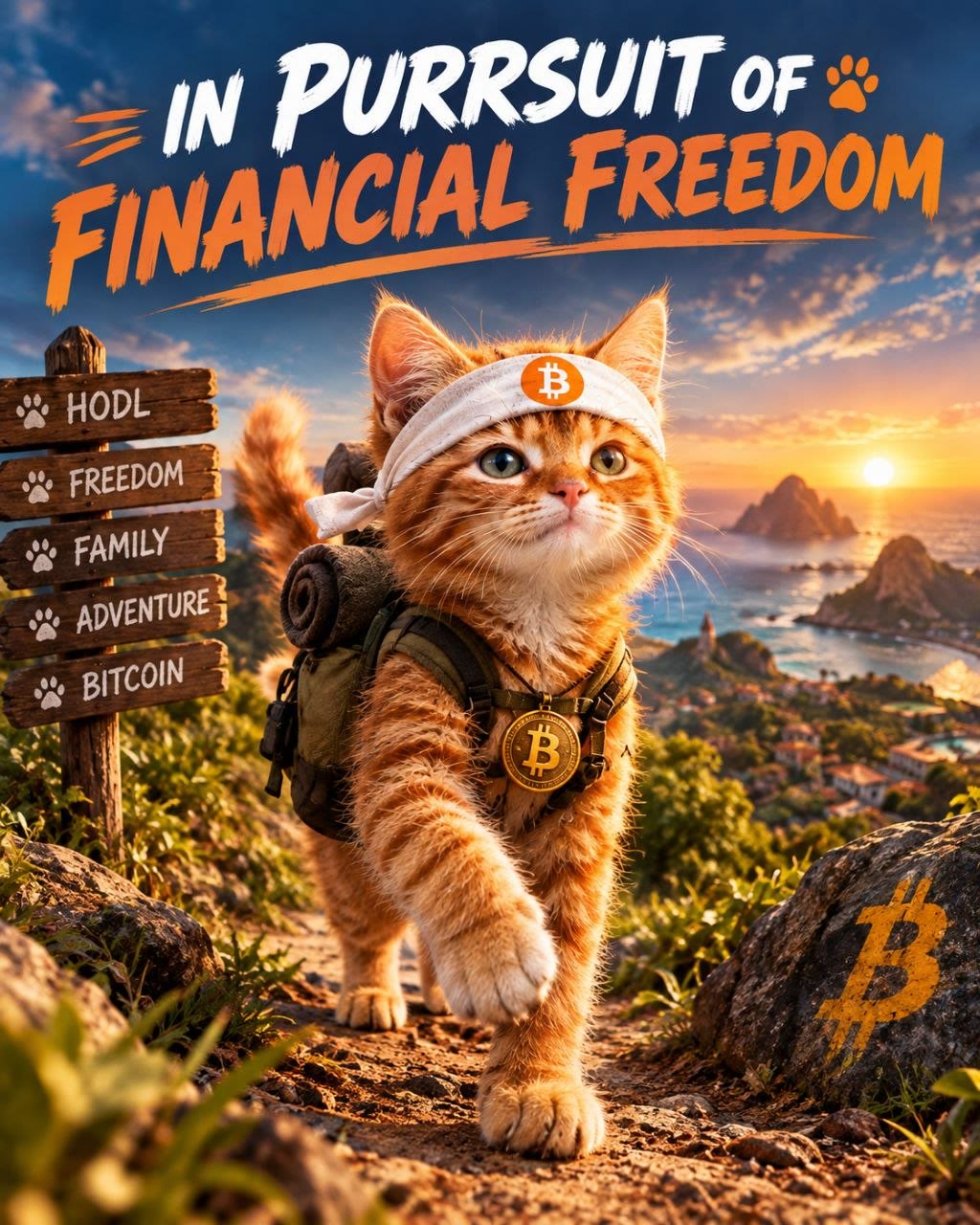 Buy The Cat meme — In Purrsuit of Financial Freedom — backpacking hiker cat