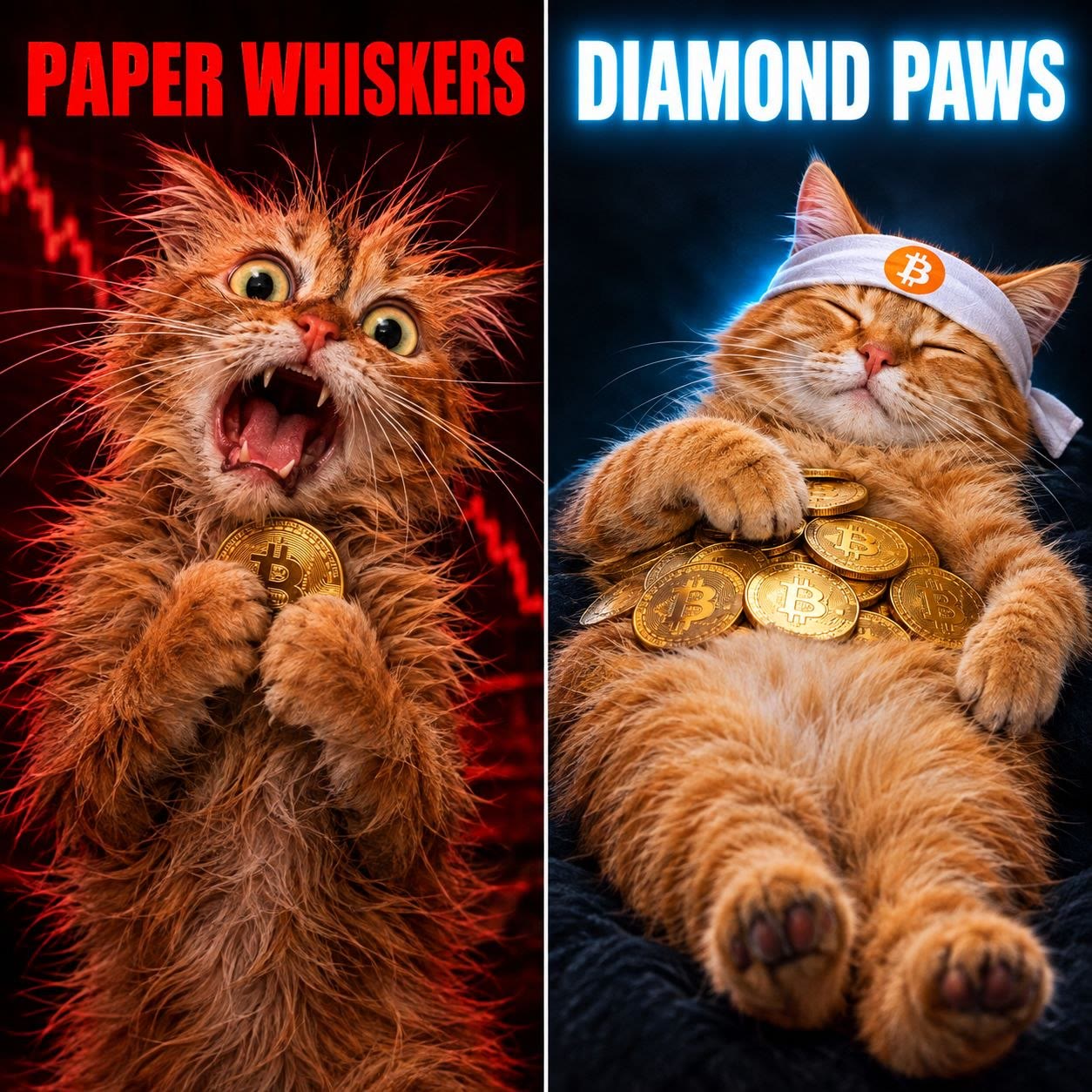 Buy The Cat meme — Paper Whiskers vs Diamond Paws — panic cat and calm cat