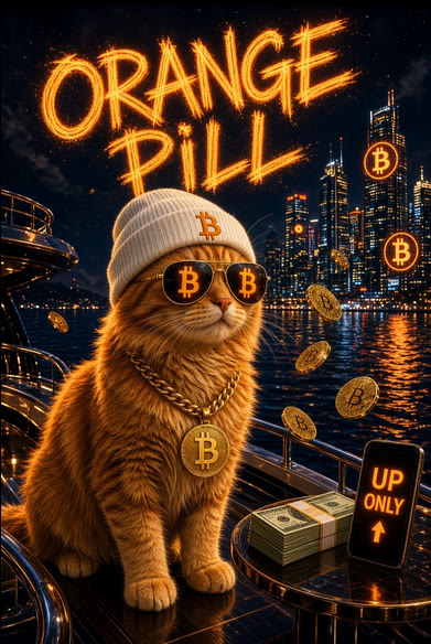 Buy The Cat meme — Orange Pill — up only cat on a yacht