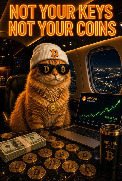 Buy The Cat meme — Not Your Keys Not Your Coins — cat on a private jet