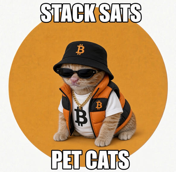 Buy The Cat meme — Stack Sats Pet Cats — bucket hat cat in a puffer vest