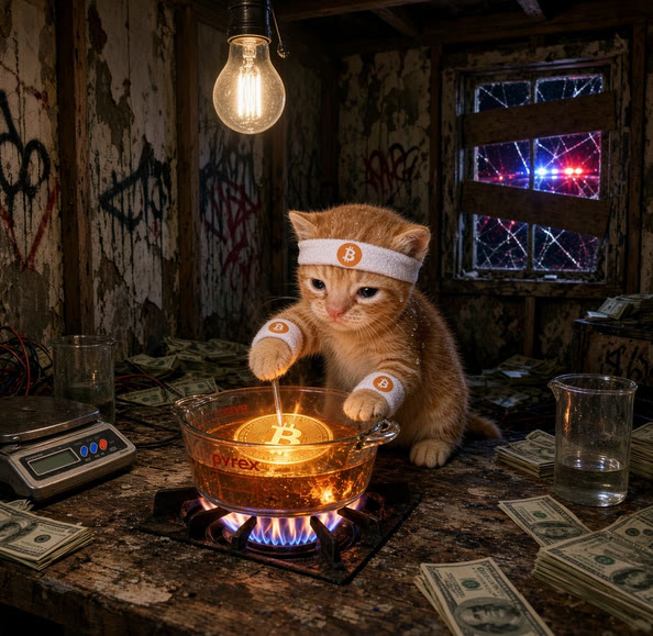 Buy The Cat meme — headband kitten cooking Bitcoin in a lab